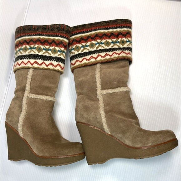 Steve Madden Tan Brown Suede Boots Mid-Calf Sz  6 M Lined Shearling Knit Cuff - Picture 3 of 16